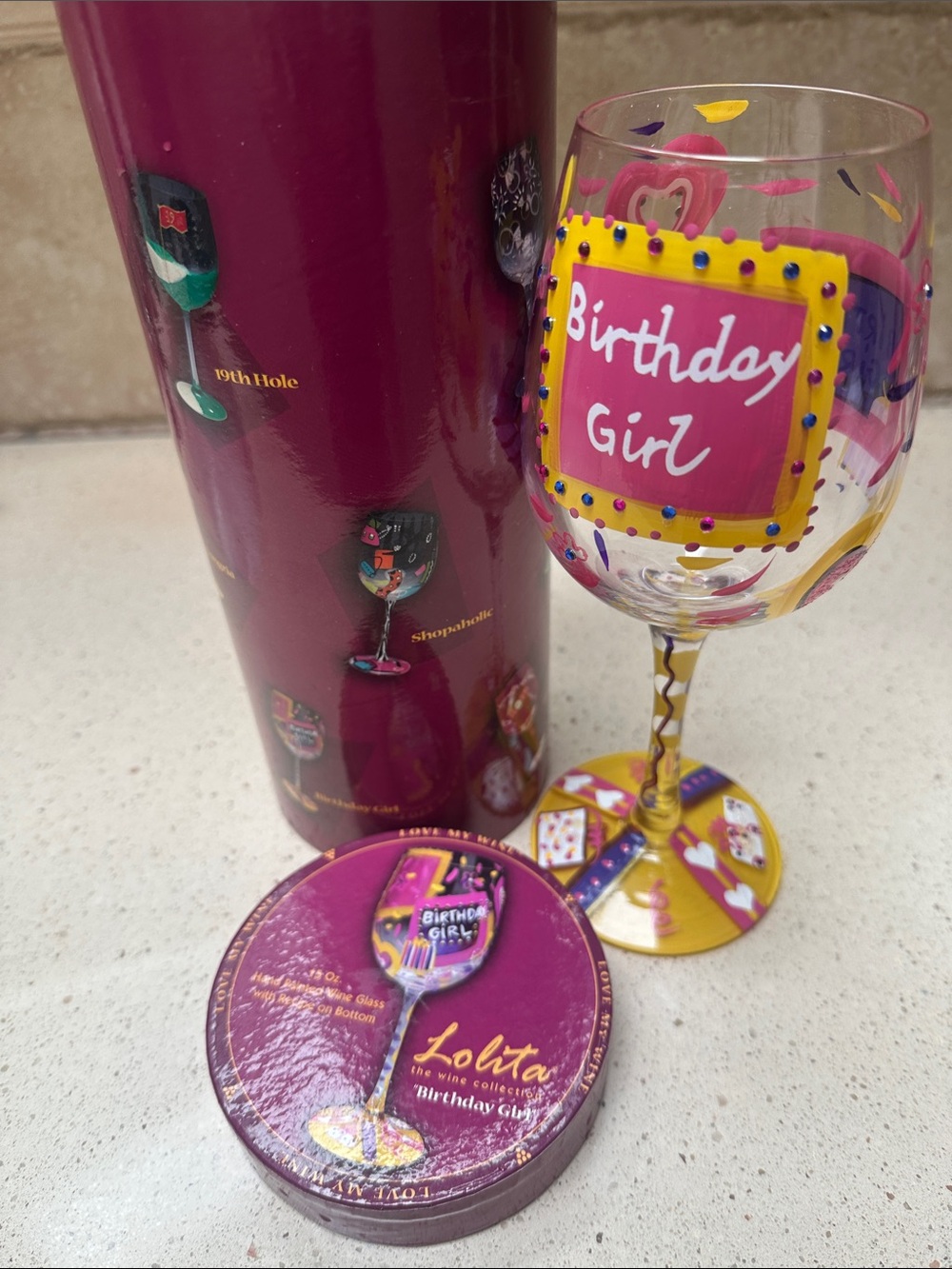 Lolita Birthday Girl Hand-Painted Wine Glass - Pink/Yellow